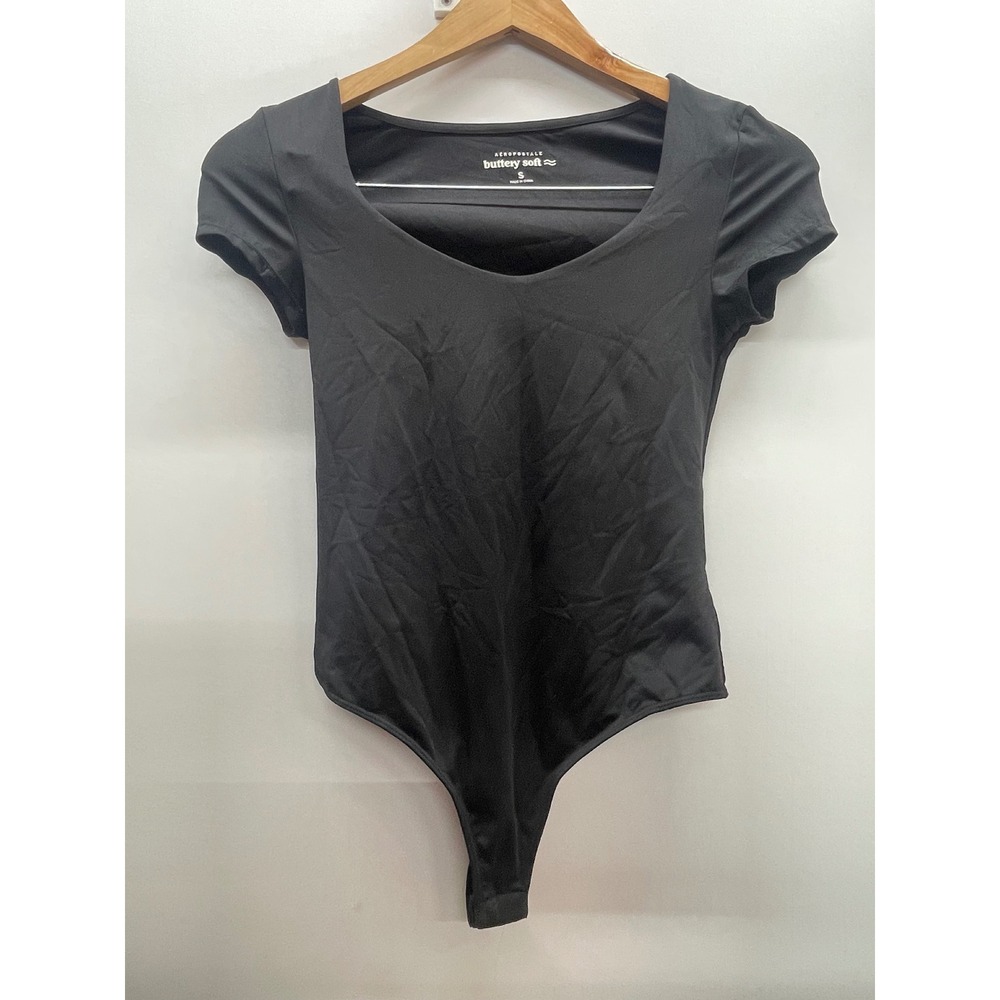 Aeropostale Buttery Soft Black Scoop Neck Short Sleeve Thong Bodysuit Small